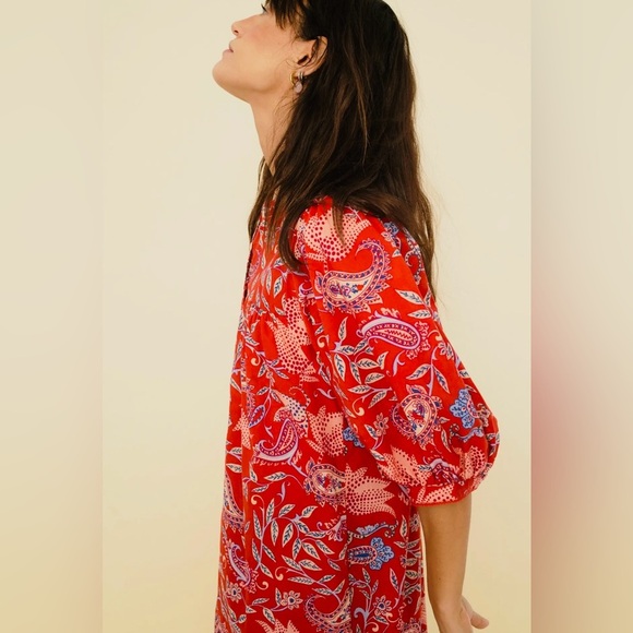 Red Paisley Print Cotton Boho Maxi fair trade vegan Button Down Dress - Picture 3 of 5